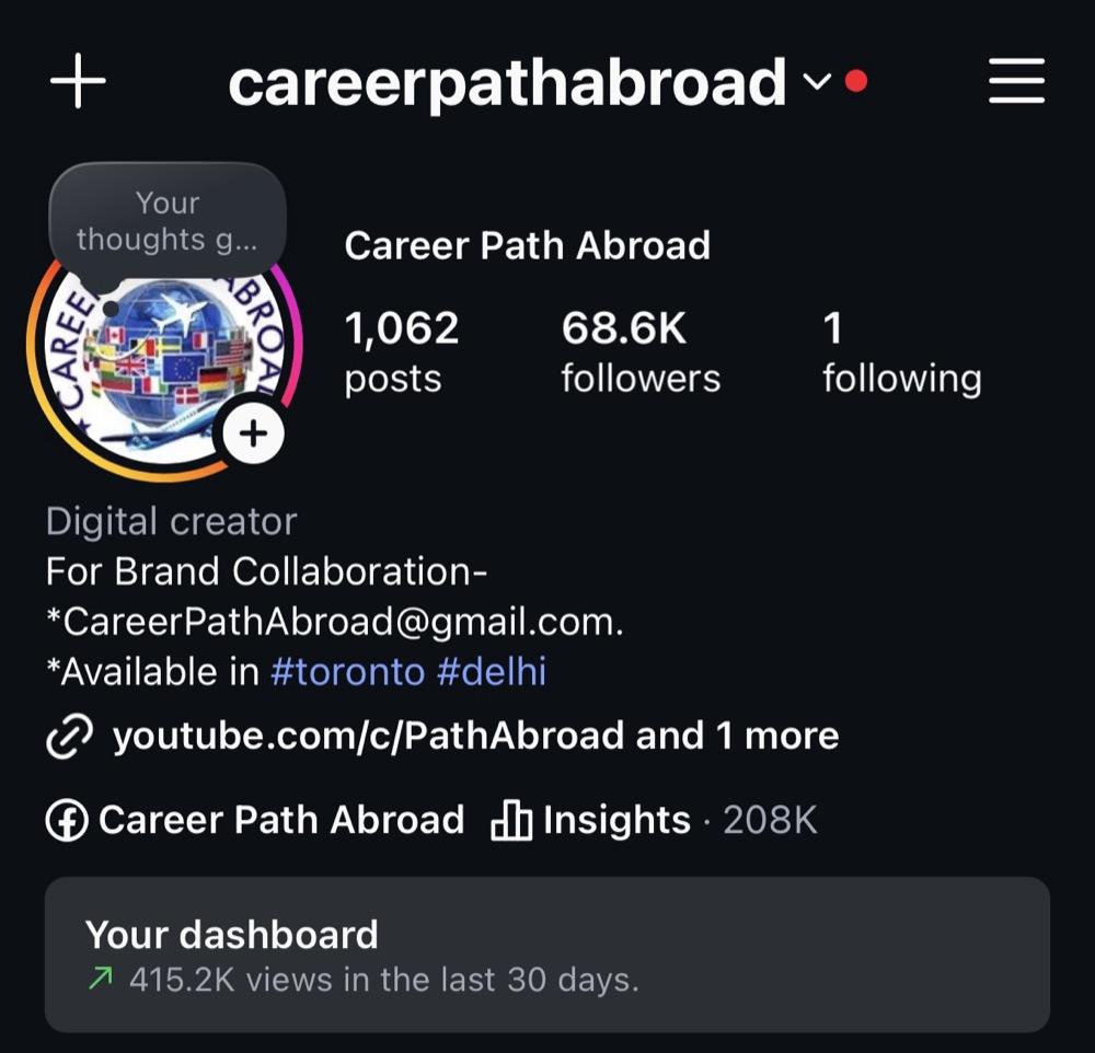 Career Path Abroad's Instagram profile with 1,062 posts, 68.6K followers and 415.2K views in the last 30 days