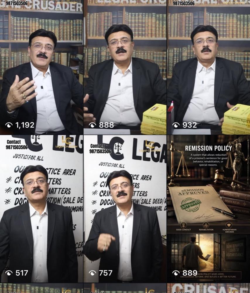 Legal Crusader's reels before SOCIO: talking-head videos with 517 to 1,192 views each