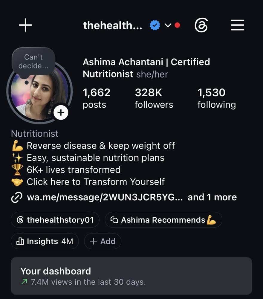 The Health Story's verified Instagram profile with 328K followers and 7.4M views in the last 30 days