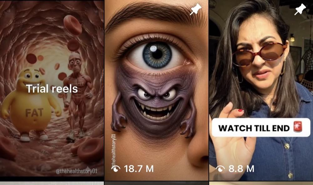 Pinned reels on The Health Story's profile, including AI-concept reels with 18.7 million and 8.8 million views